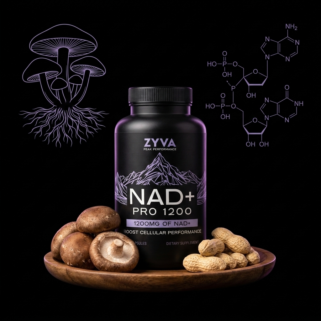 ZYVA NAD+ Pro 1200 on a wood plate with shiitake mushrooms and peanuts in shells, purple mushroom-and-mycelium illustration and stylized NAD+ molecular structure in the background