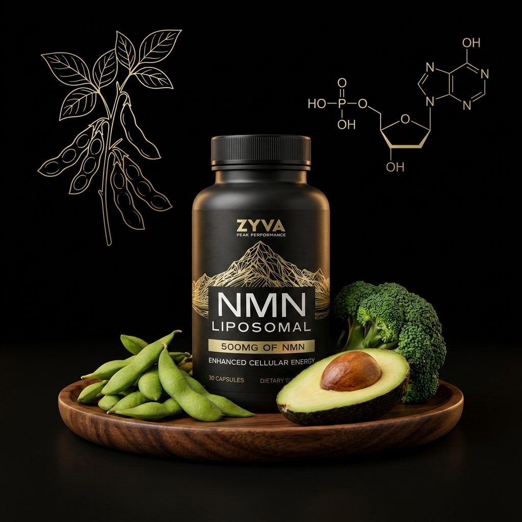 ZYVA NMN Liposomal on a wood plate with fresh edamame pods, avocado, and broccoli, gold edamame plant illustration and stylized NMN molecular structure in the background