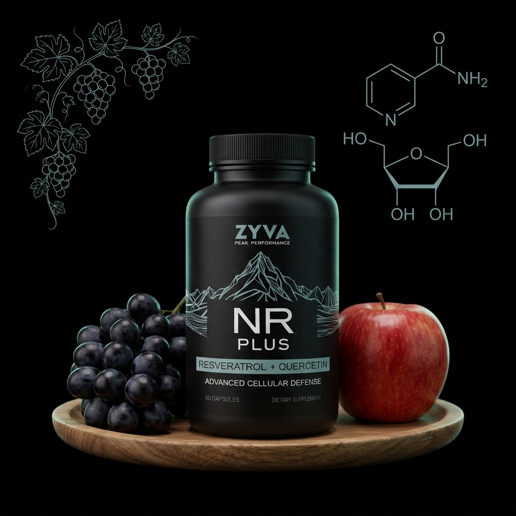 ZYVA NR Plus on a wood plate with dark purple grapes and a red apple, teal grape vine illustration and stylized NR molecular structure in the background